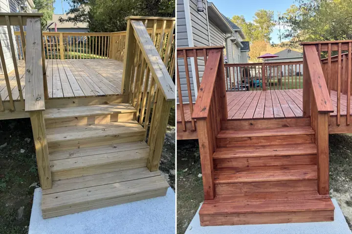 New pressure-treated deck stairs before and after cedar-tone deck staining in Chattanooga, TN