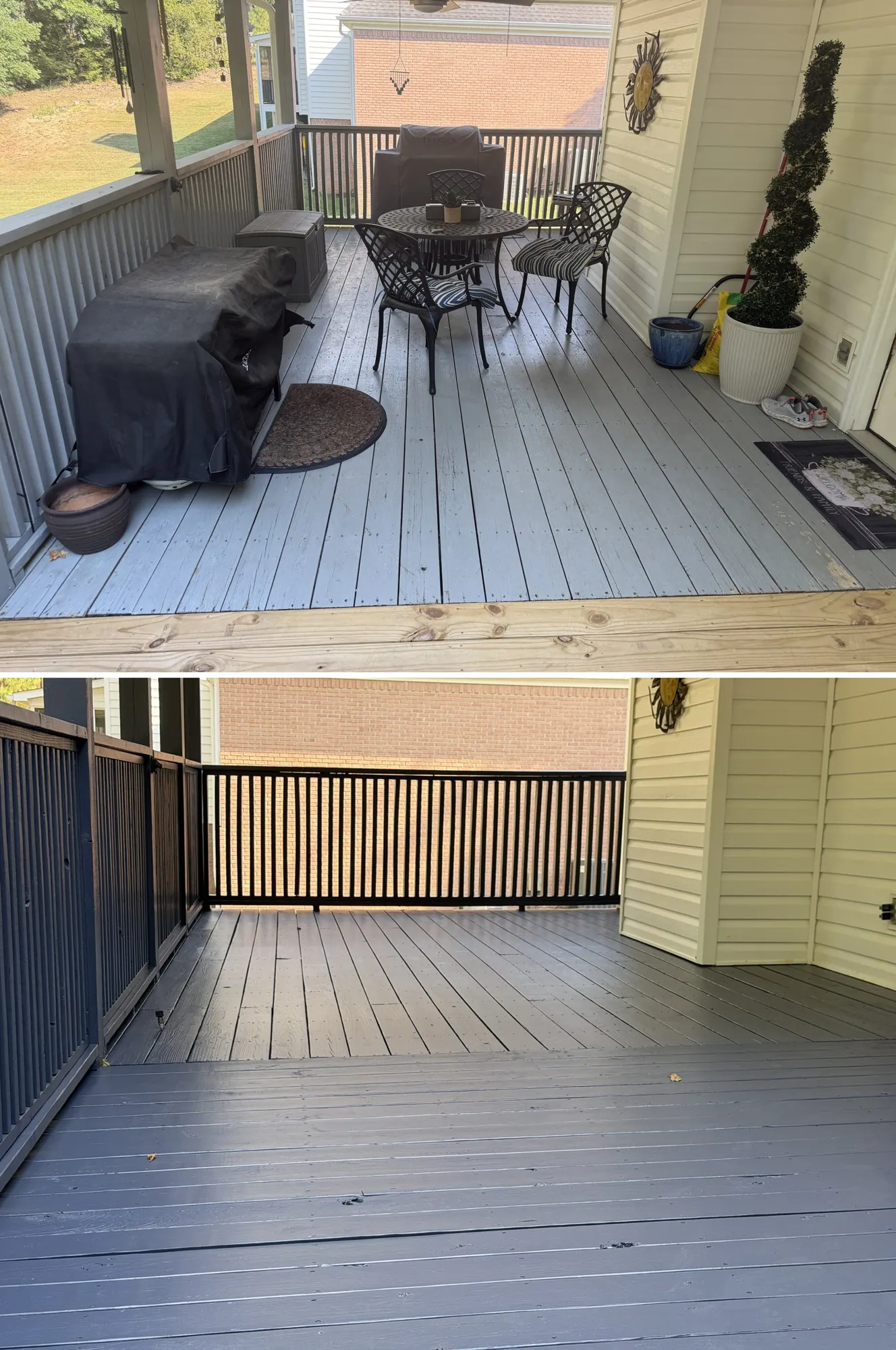 Pale gray porch floor before and deep charcoal solid stain after on a covered porch in Hixson, TN