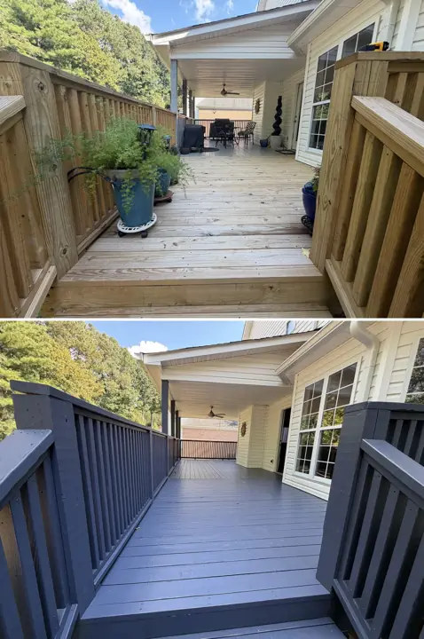 Raw wood deck railings before and charcoal-gray stained railings and floor after in Hixson, TN