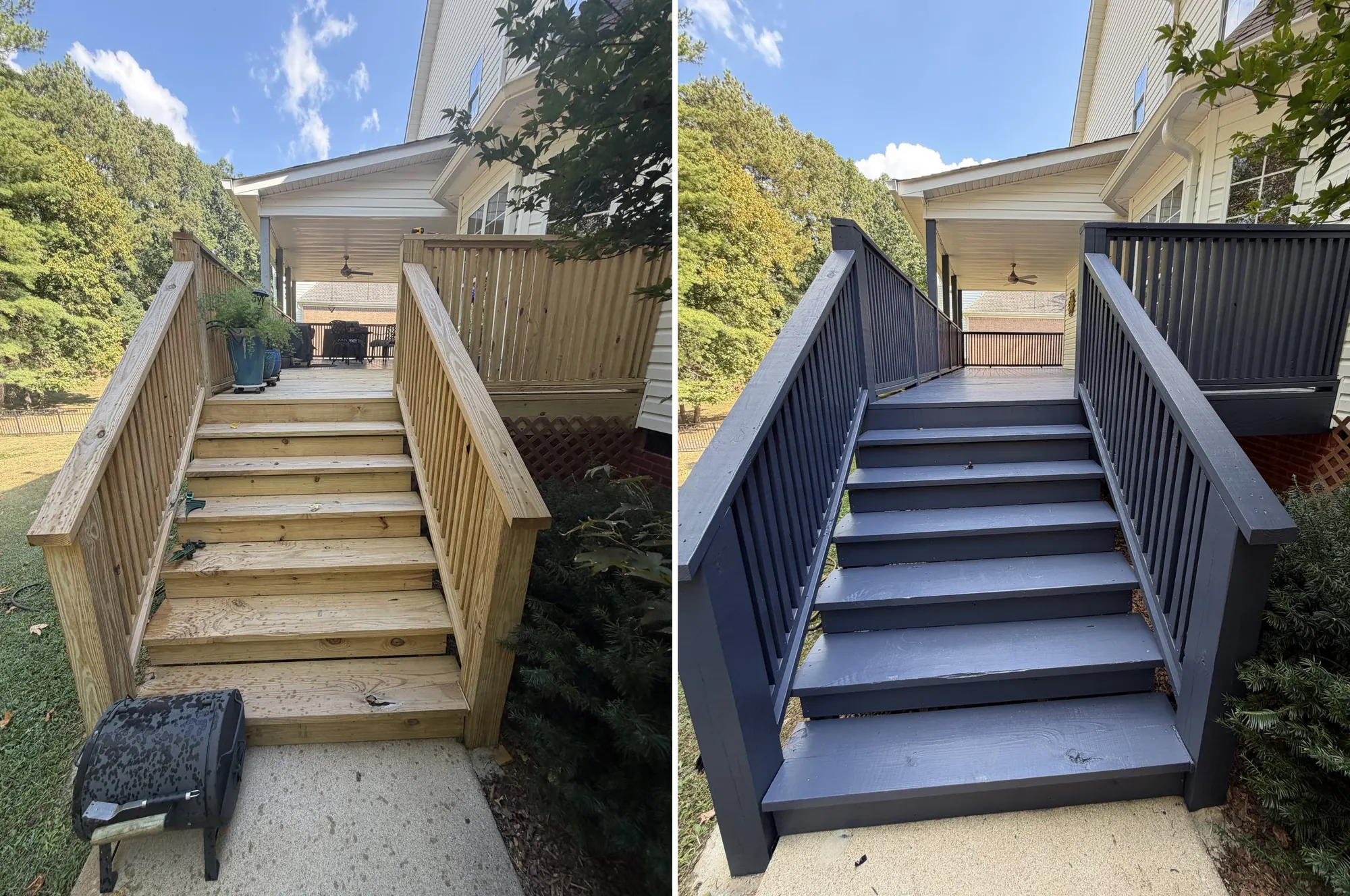 Bare wood deck stairs before and the same stairs in solid charcoal-gray stain after in Hixson, TN