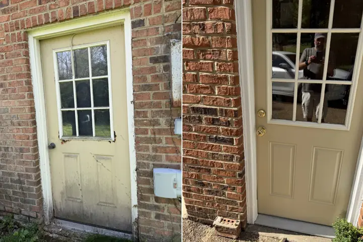 Weathered back door before and the same door repainted tan with white casing after, Signal Mountain, TN