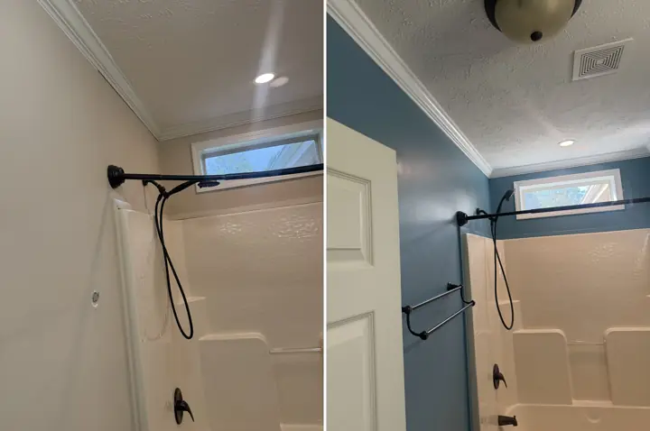 Guest bathroom before and after painting beige walls deep blue around a white tub surround in Cleveland, TN