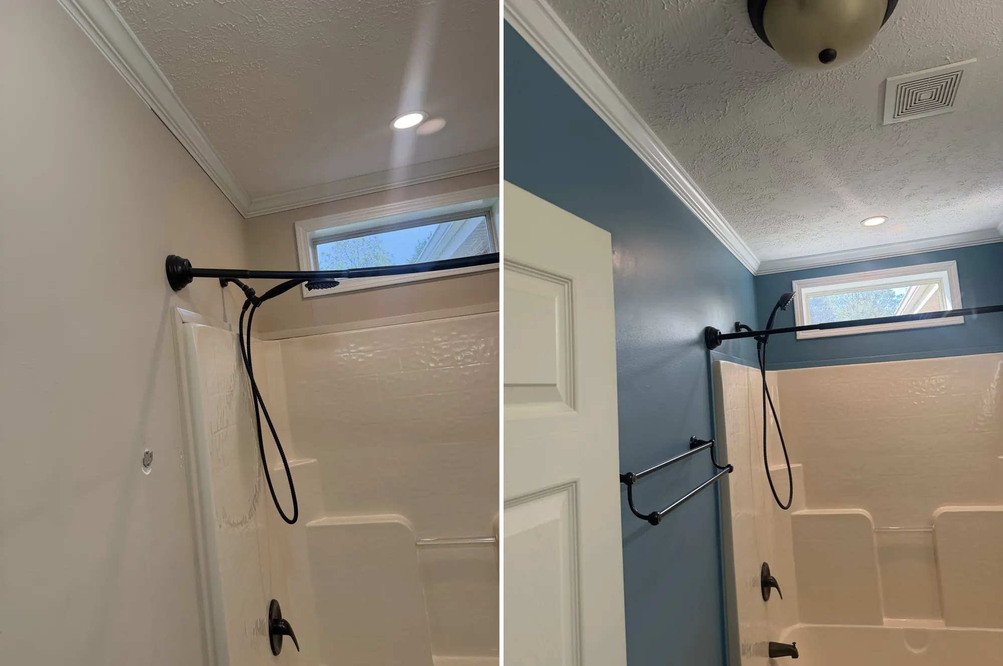 Guest bathroom before and after painting beige walls deep blue around a white tub surround in Cleveland, TN