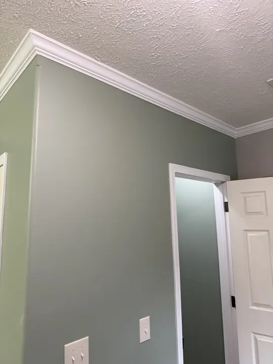 Sage green wall corner with wide white crown molding and textured ceiling in Cleveland, TN