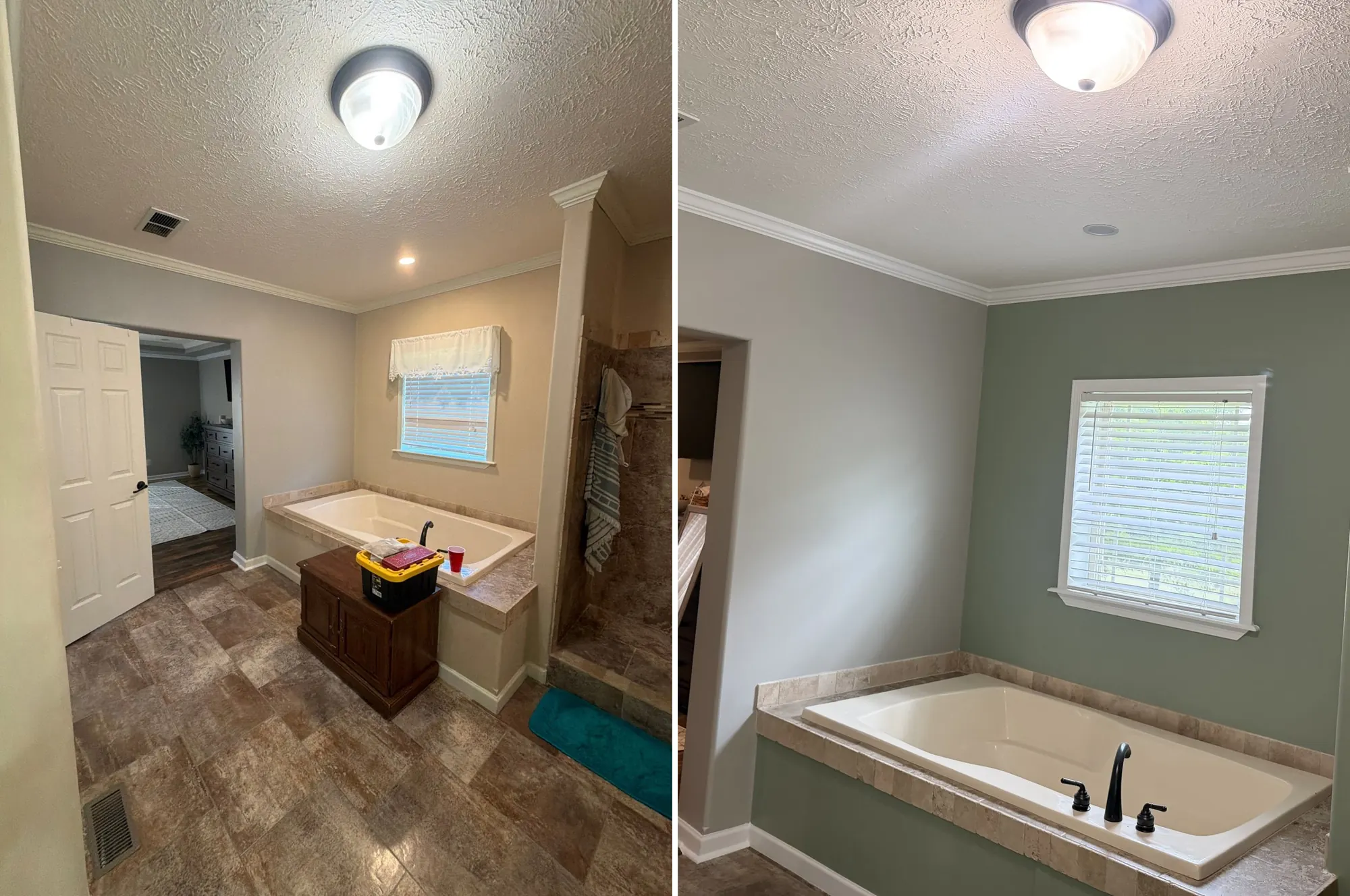 Primary bathroom soaking tub area before and after painting beige walls sage green in Cleveland, TN