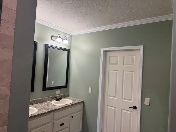 Sage green bathroom walls with double vanity, white six-panel door and crown molding in Cleveland, TN