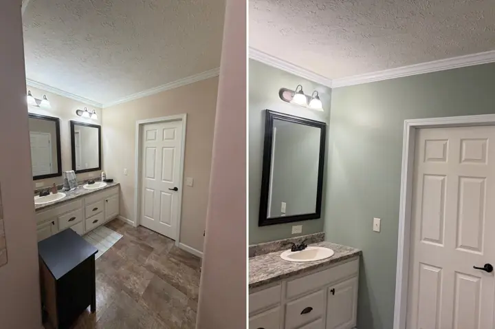 Double vanity wall before and after sage green interior painting with white crown molding in Cleveland, TN
