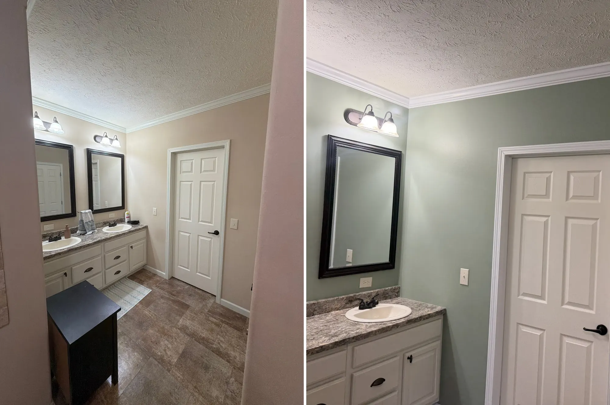 Double vanity wall before and after sage green interior painting with white crown molding in Cleveland, TN