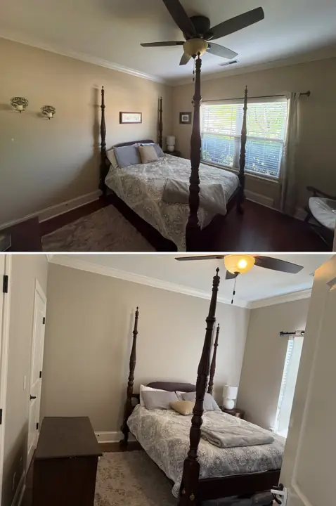 Bedroom with four-poster bed before and after painting warm beige walls a soft greige in Hixson, TN