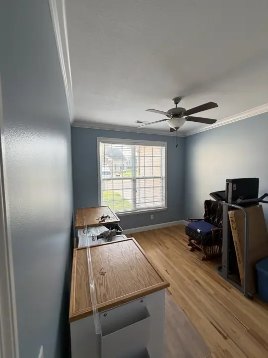 Home office with slate blue walls, white crown and wood floors, Chattanooga, TN