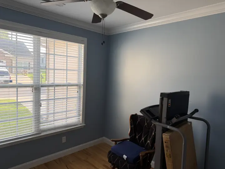 Slate blue home office walls with white crown molding and window trim, Chattanooga, TN