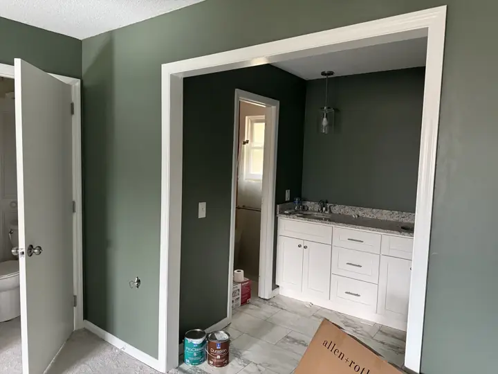 Sage green bedroom wall with wide white-cased opening to vanity in Hixson, TN