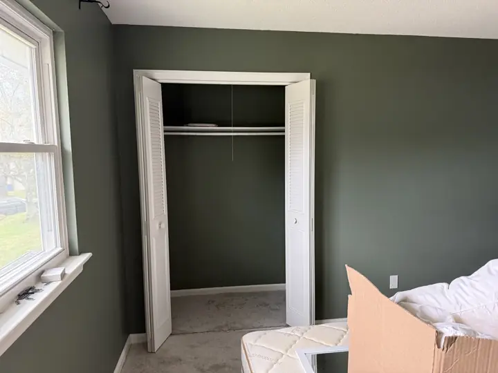 Sage green bedroom with painted closet interior and white louvered doors in Hixson, TN