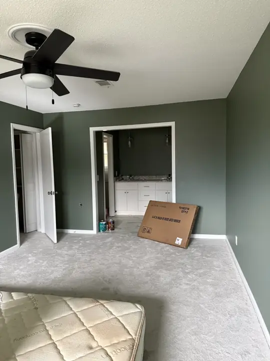 Sage green bedroom opening to a vanity alcove with white trim in Hixson, TN