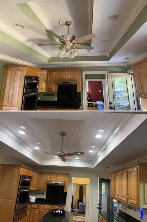 Kitchen tray ceiling before with green bands and after painted solid white with crown molding in Coalmont, TN