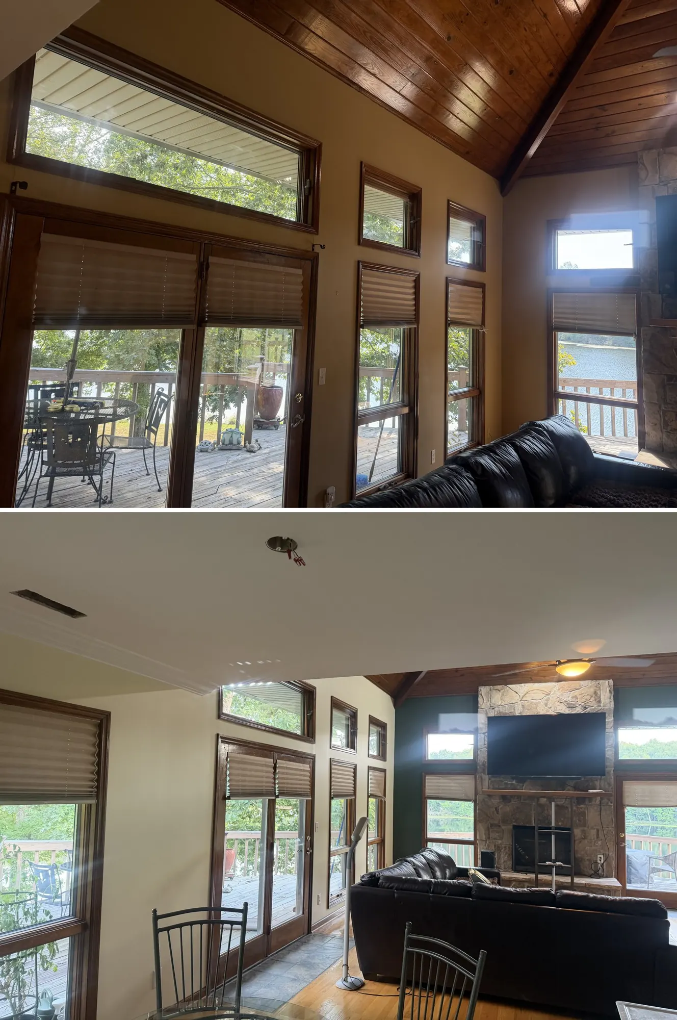 Lake house living room before and after painting cream walls with forest green fireplace accents in Coalmont, TN