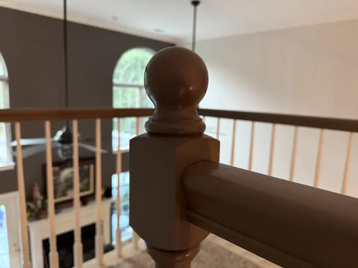 Close-up of loft newel post and handrail in Hixson, TN