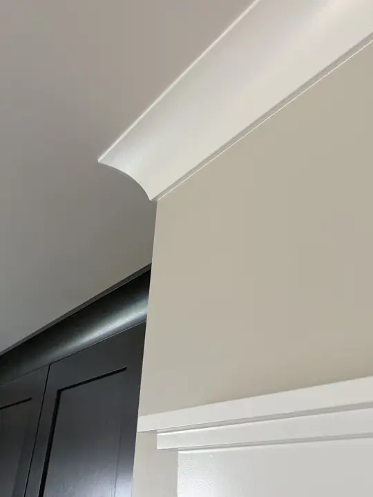 Close-up of white crown molding meeting a white ceiling and greige wall, Soddy-Daisy, TN