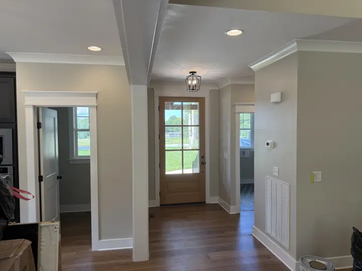 Entry foyer with greige walls, white crown molding, casings and square column, Soddy-Daisy, TN