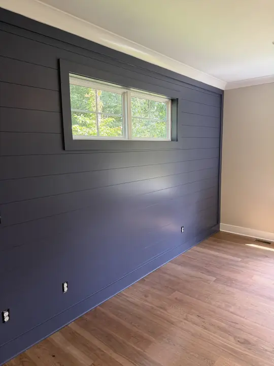 Navy shiplap accent wall with painted window box and white crown, Soddy-Daisy, TN