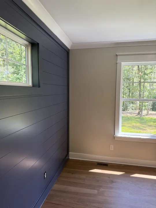 Corner where navy shiplap meets a greige wall and white window trim, Soddy-Daisy, TN