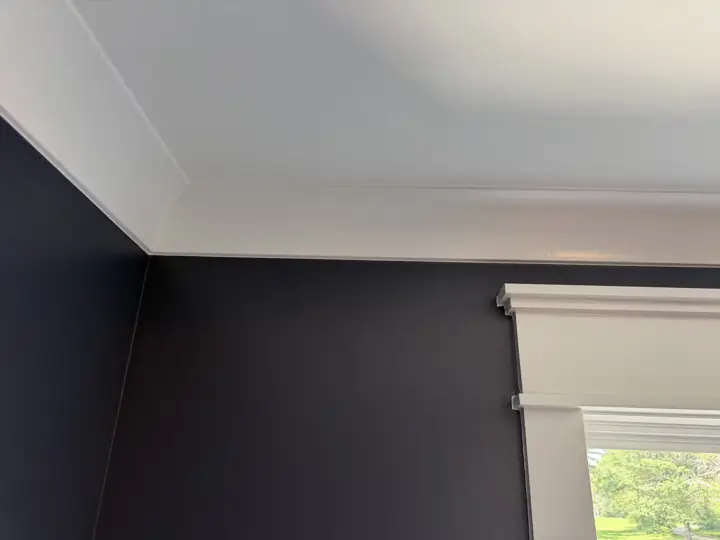 White crown molding and window header against navy bedroom walls, Soddy-Daisy, TN