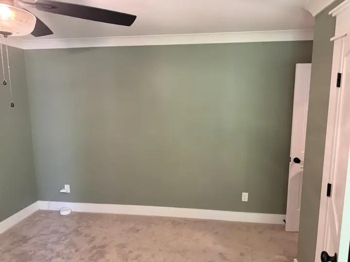Sage green bedroom wall with white baseboards and crown molding, Soddy-Daisy, TN