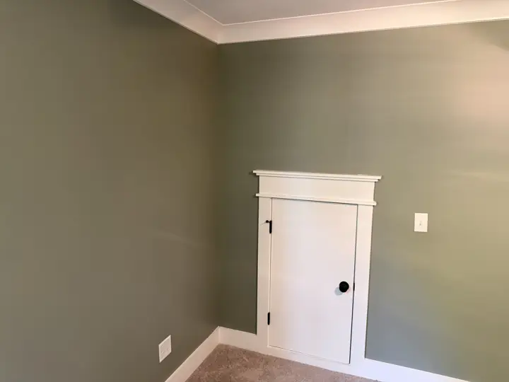 Sage green bedroom with small white attic access door and trim, Soddy-Daisy, TN