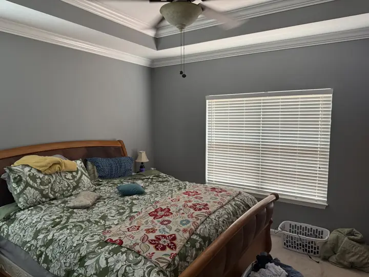 Primary bedroom with gray walls and stepped tray ceiling with white crown molding in Ooltewah, TN