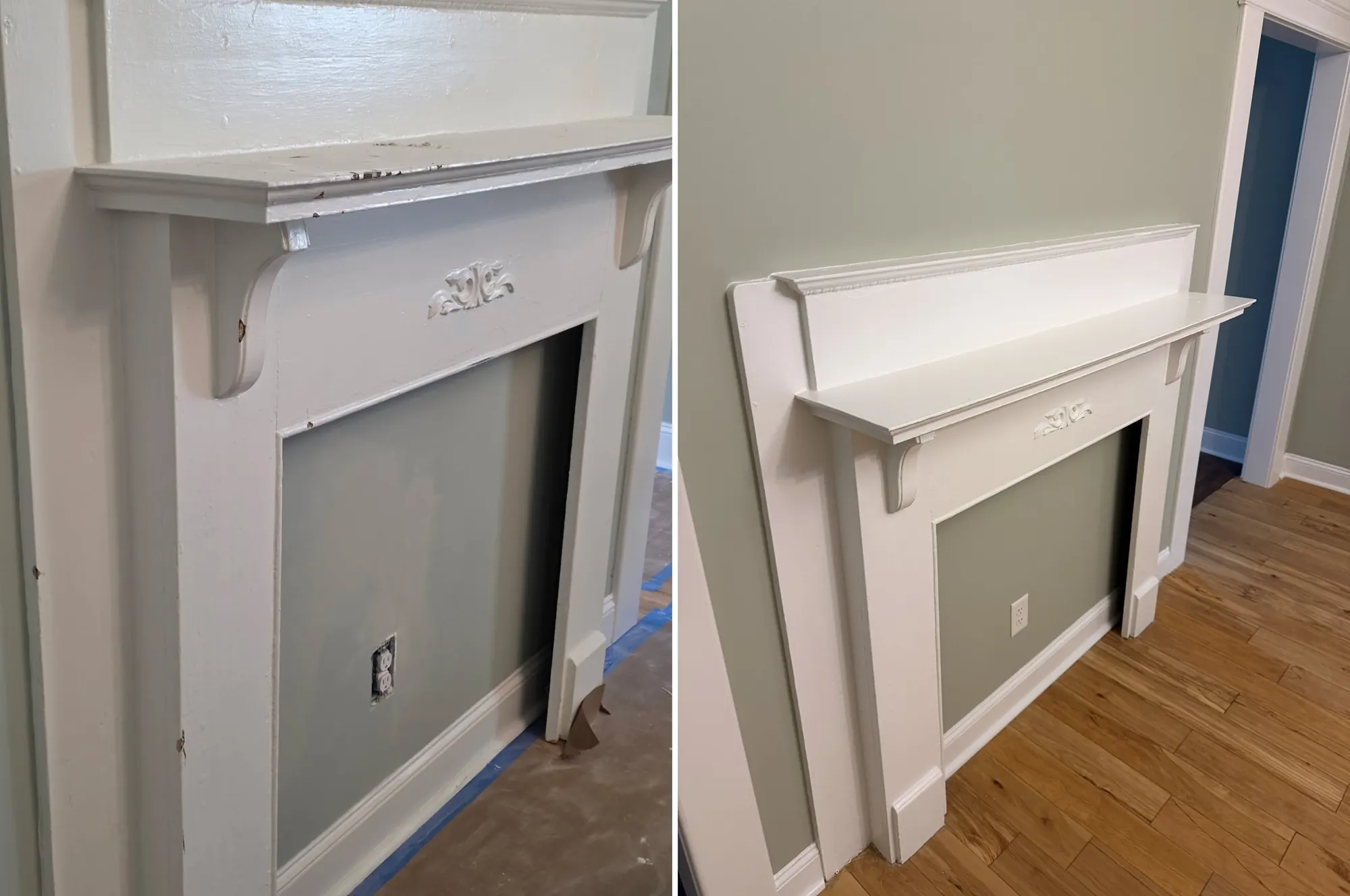 Fireplace mantel before and after repainting, chipped white finish restored to smooth white, Chattanooga, TN
