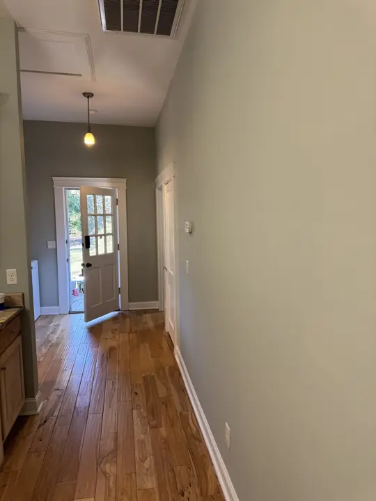 Long sage green hallway with white baseboards and back door trim after painting in Chattanooga, TN