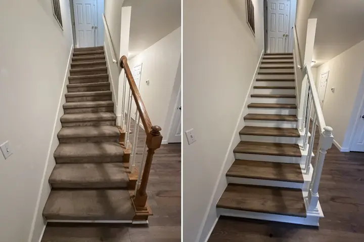 Staircase before and after: oak railing and carpet, then white railing and white risers, Chattanooga, TN