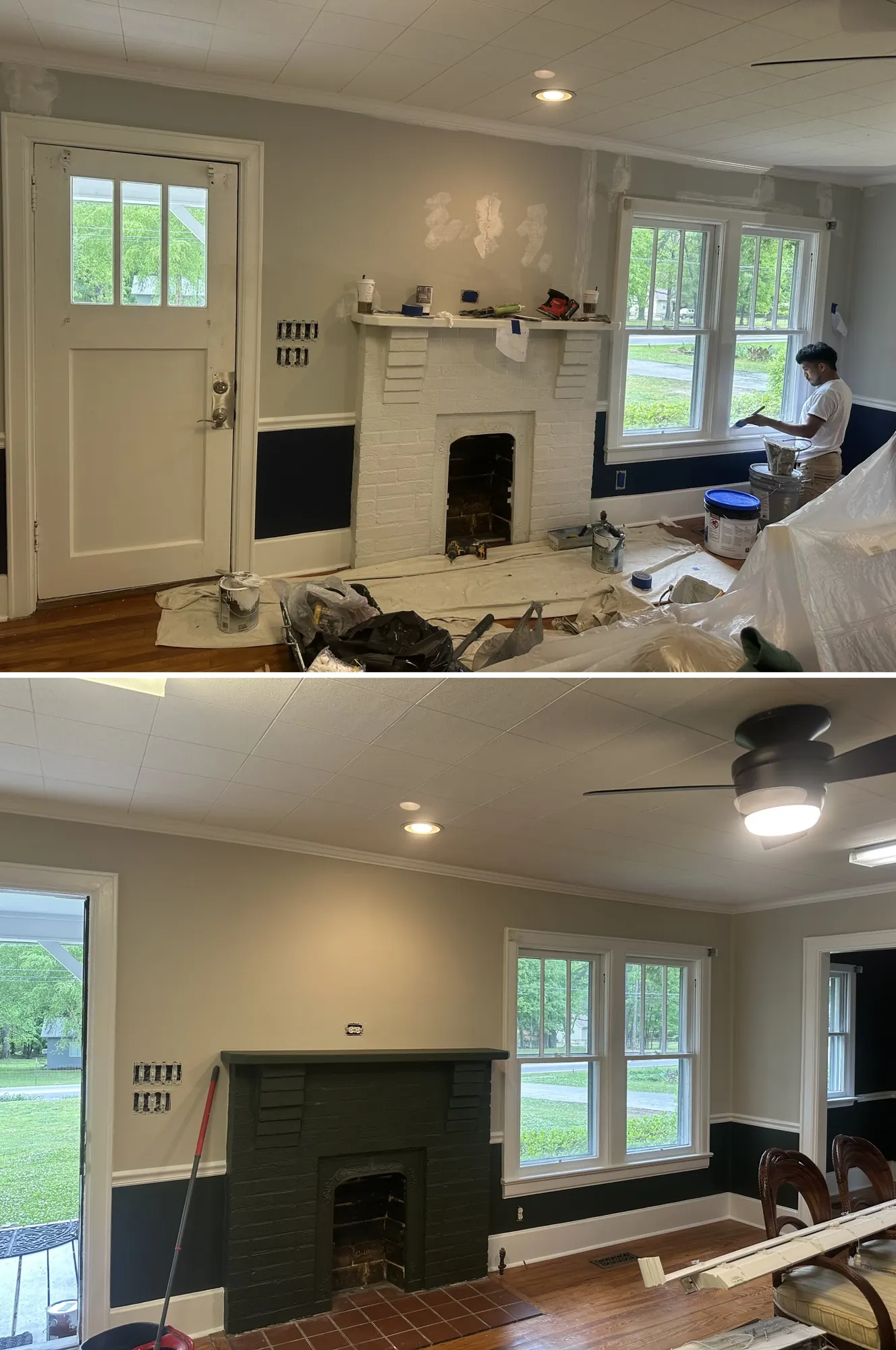 White brick fireplace before and after painting deep charcoal with two-tone walls in Ringgold, GA