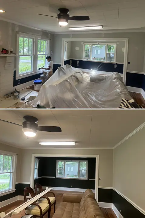Living room before and after repainting two-tone walls greige over near-black with white chair rail in Ringgold, GA