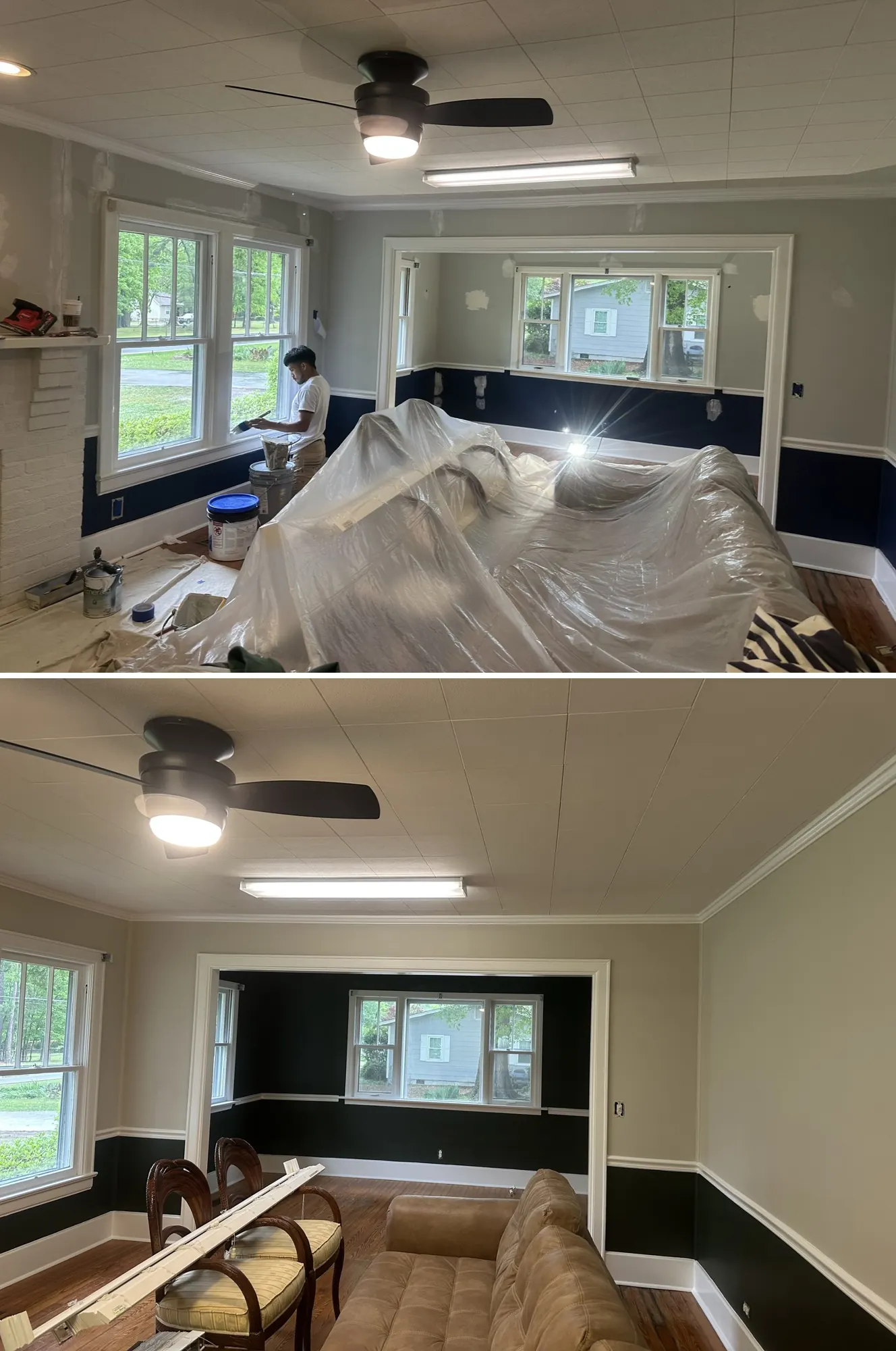 Living room before and after repainting two-tone walls greige over near-black with white chair rail in Ringgold, GA