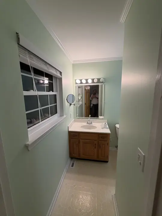 Bathroom with mint green walls and white crown molding in Chattanooga, TN