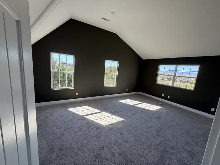 Vaulted bedroom with charcoal walls, white ceiling and white baseboards in Harrison, TN