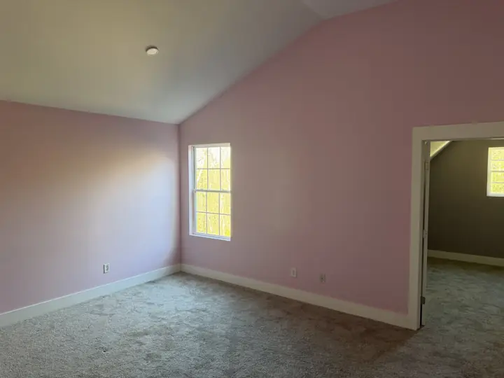 Vaulted bedroom with pale pink walls and white trim after interior painting in Harrison, TN
