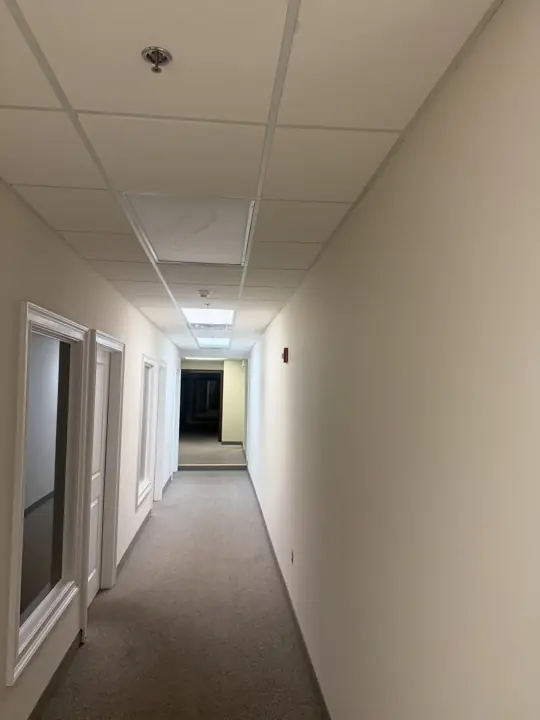 Carpeted office hallway with cream walls and white window and door trim in Cleveland, TN