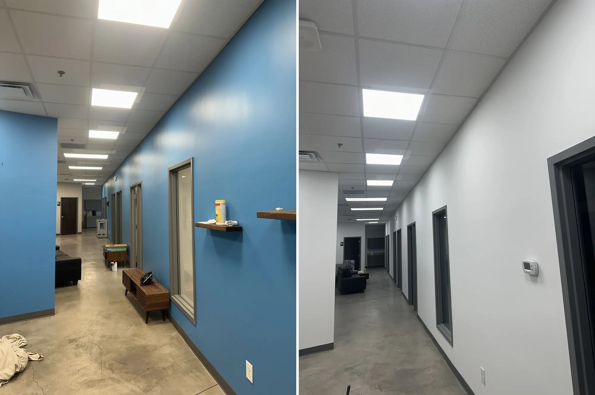 Long office corridor before and after painting, blue accent wall changed to clean white, North Chattanooga, TN