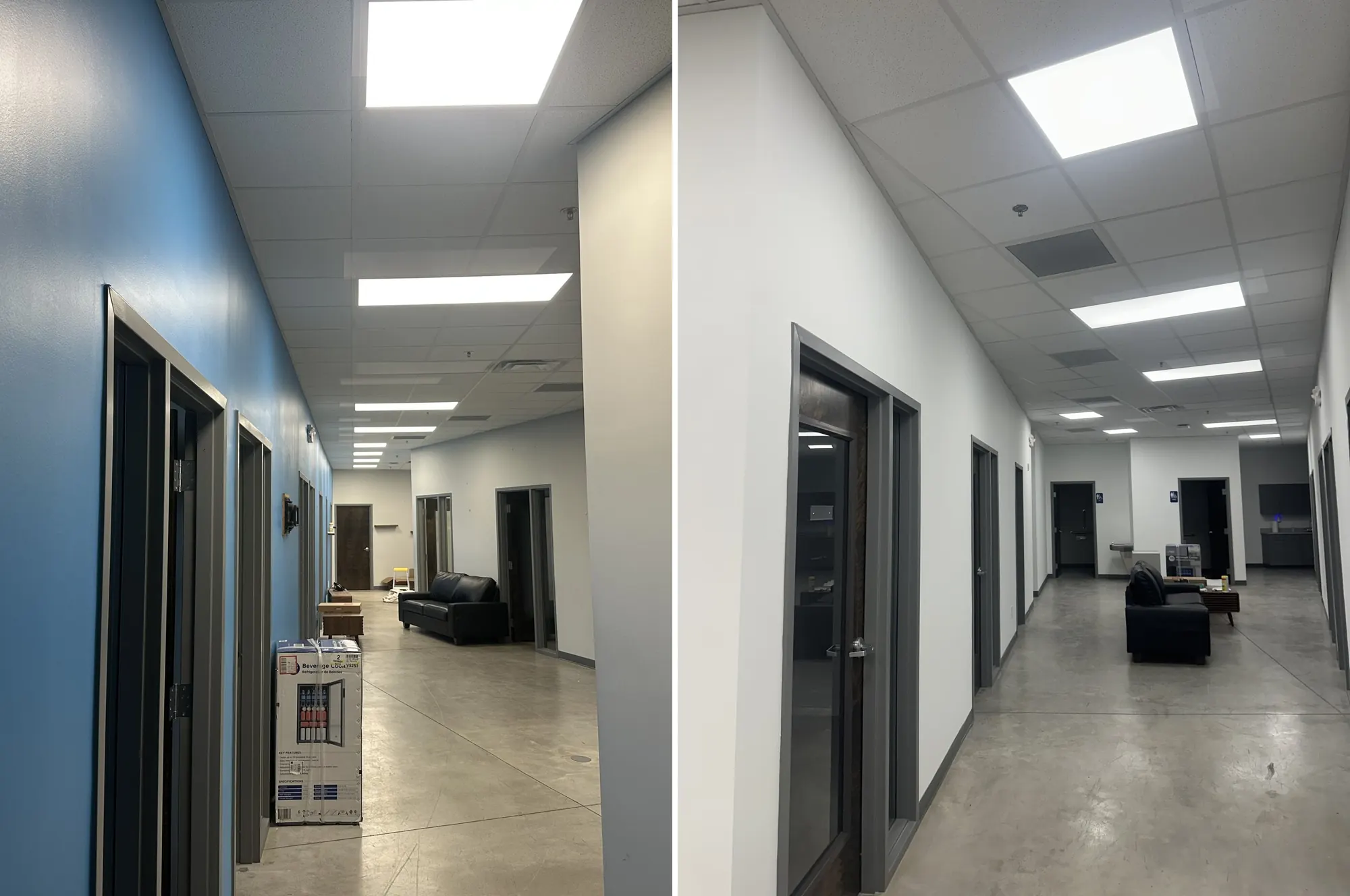 Office hallway before and after, bright blue wall repainted white beside charcoal door frames, North Chattanooga, TN
