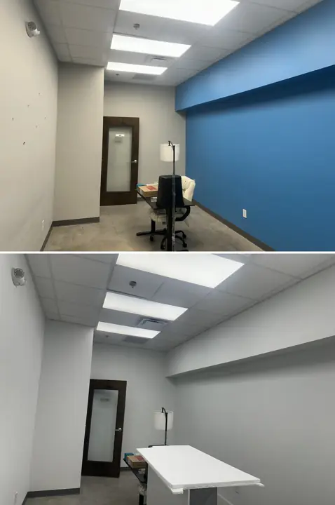 Private office before and after, scuffed gray and blue walls repainted white in North Chattanooga, TN