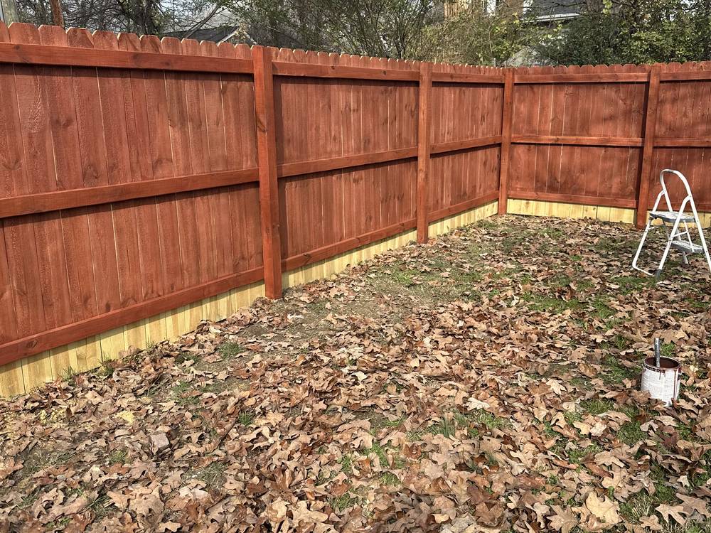 Freshly stained wood privacy fence in a backyard