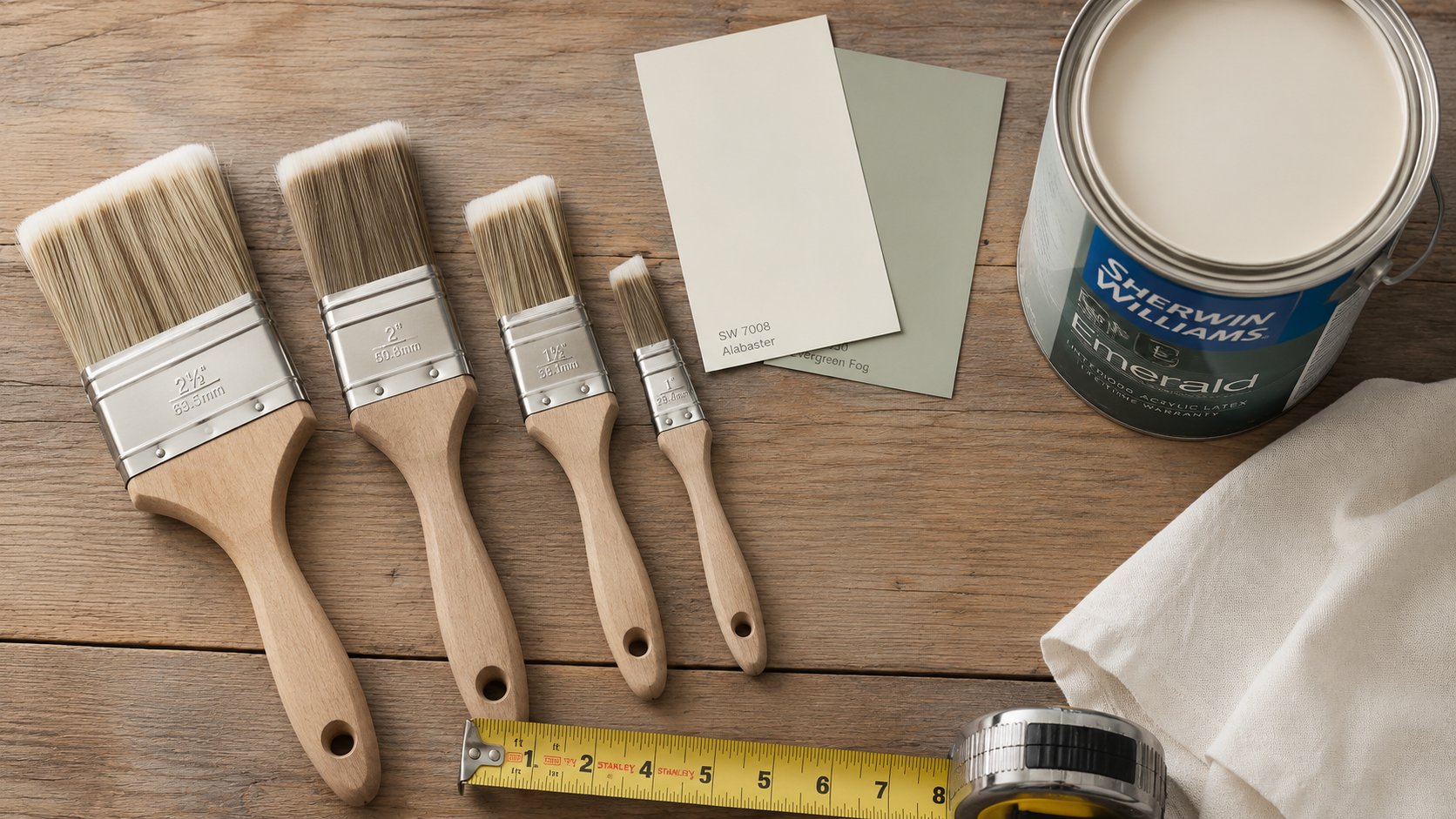 Professional paint brushes, color swatches, and Sherwin-Williams paint on a wooden table