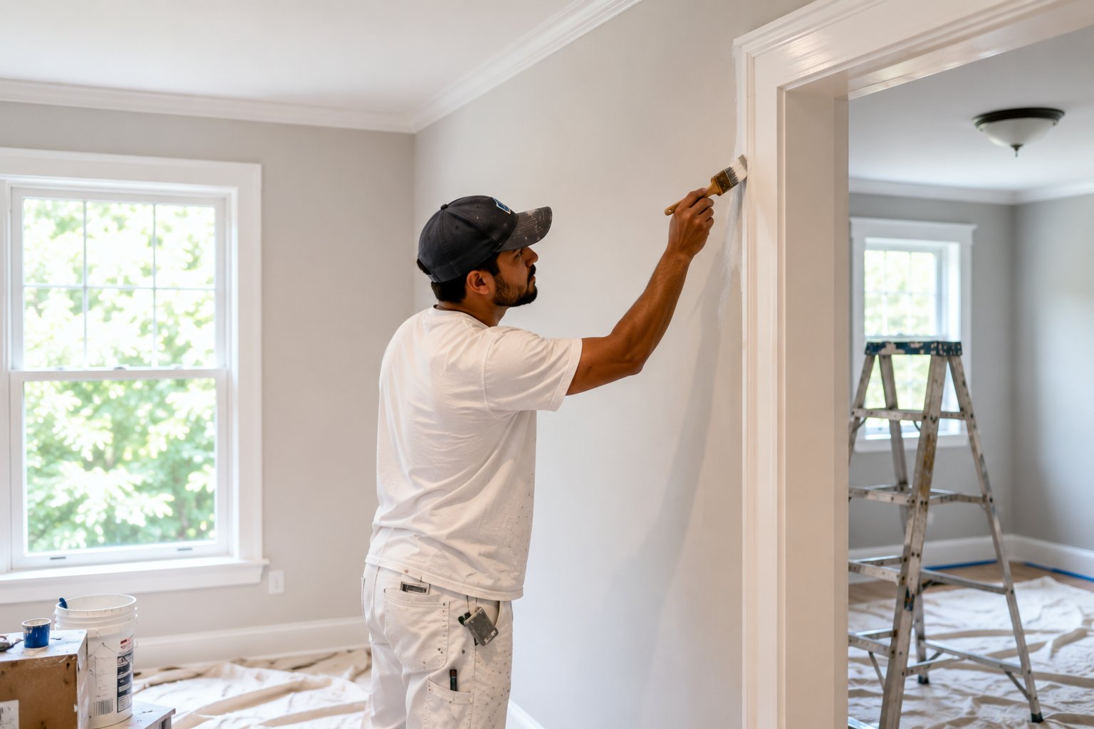 Professional painter's workspace: drop cloths, painter's tape, roller, and Sherwin-Williams paint in a prepared room