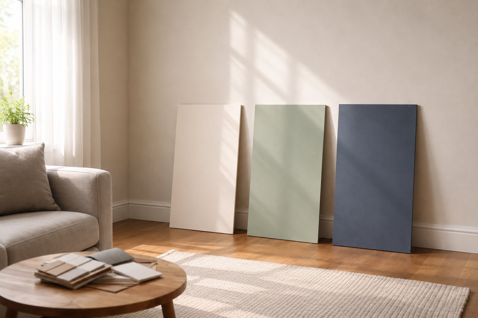 Hand holding paint color swatches against a partially painted interior wall
