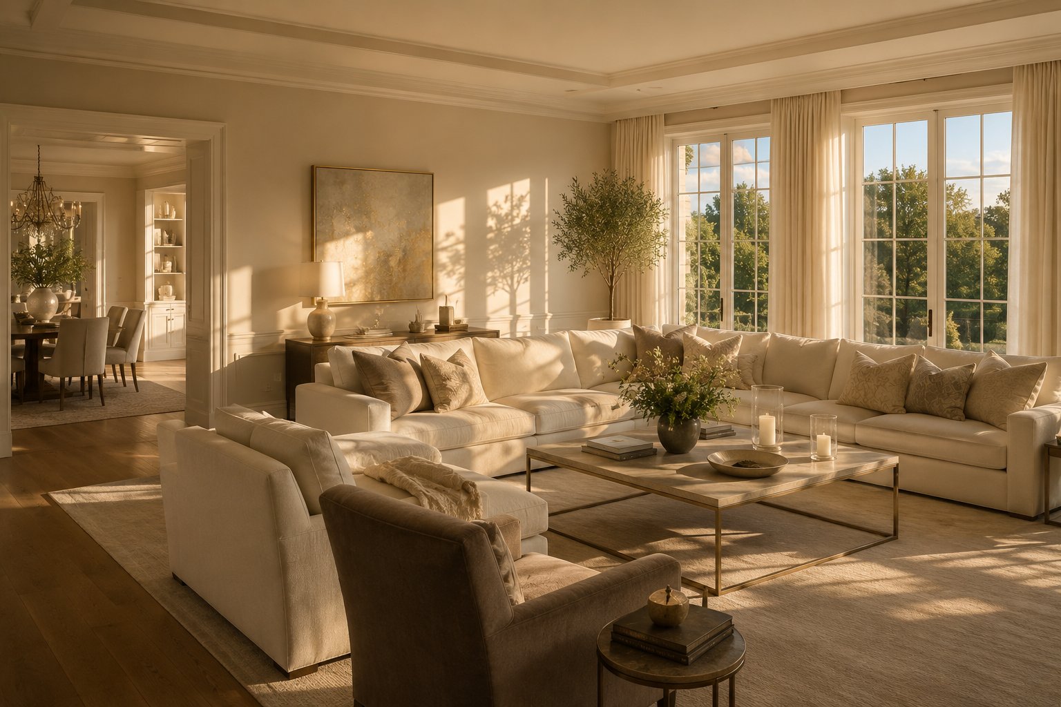 Sunlit Chattanooga living room with well-maintained warm cream walls — long-lasting interior paint