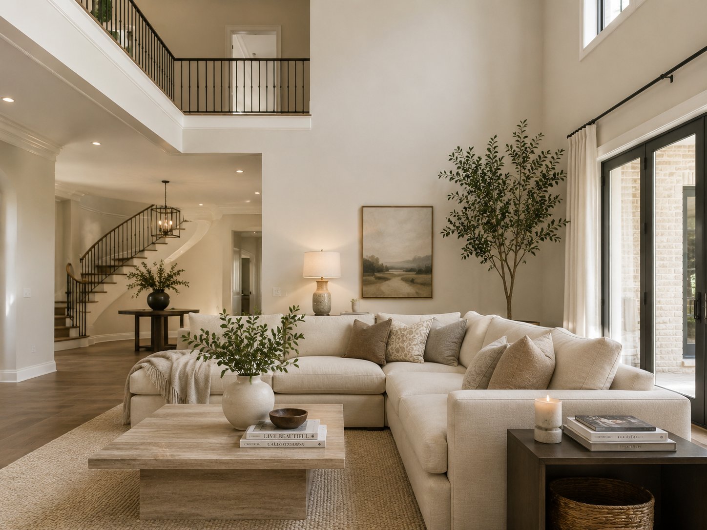 Calm peaceful Chattanooga living room with warm cream walls, linen sofa, and natural light