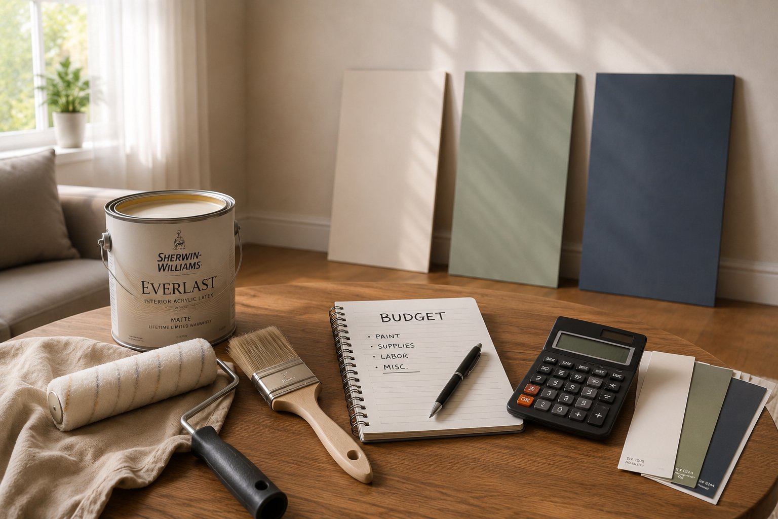 Paint can, roller, brush, notepad, and calculator on a wooden table — planning a painting budget