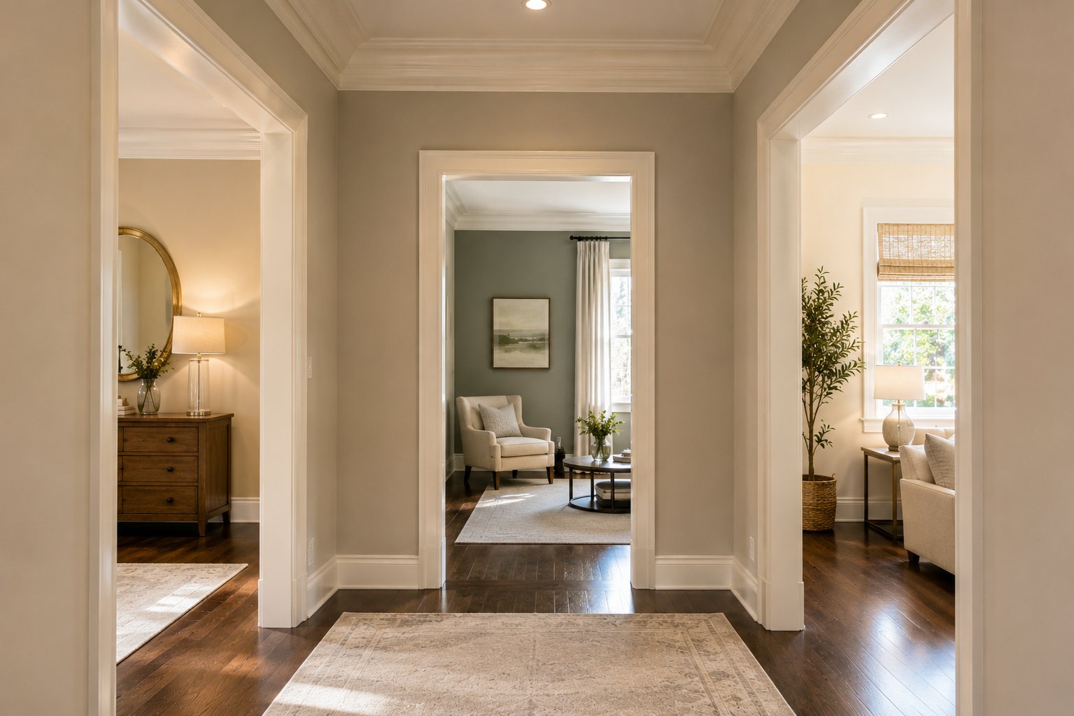 View through a Chattanooga home hallway into three rooms with different warm wall tones